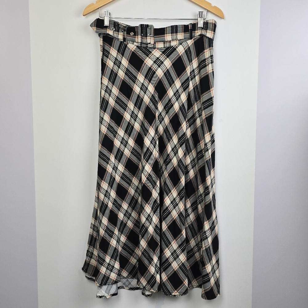 Ricki's Plaid A-Line Midi Skirt with Belt, Size 10
